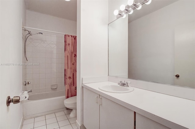 full bathroom with vanity, toilet, shower / bath combination with curtain, and tile patterned floors