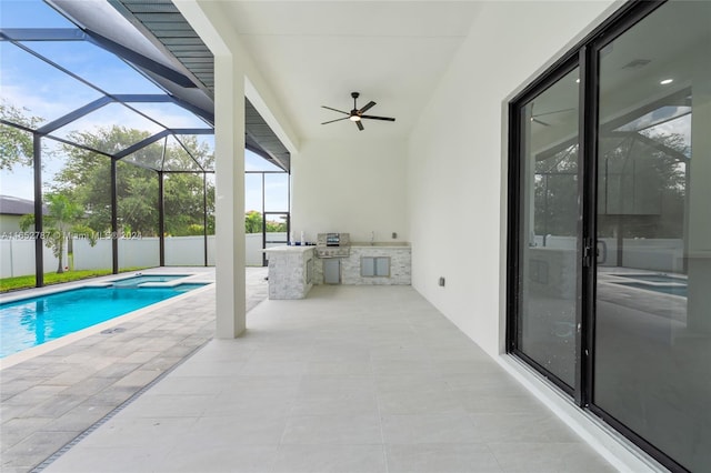 view of swimming pool featuring a lanai, a patio area, area for grilling, and ceiling fan