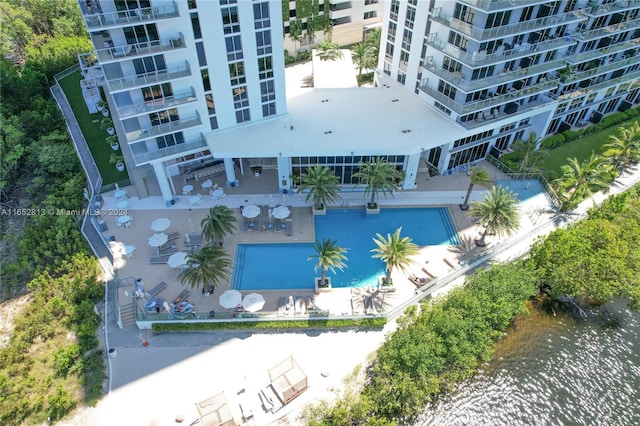 drone / aerial view with a water view