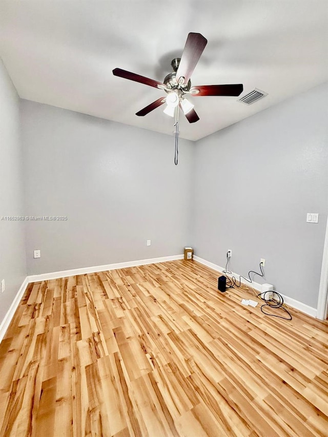 unfurnished room featuring light wood-type flooring and ceiling fan