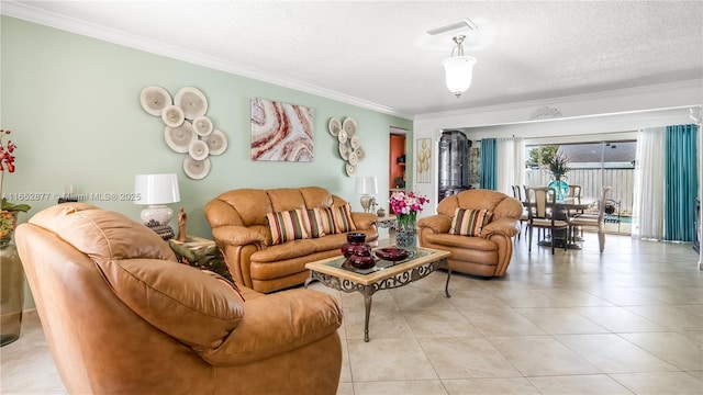 living room featuring light tile patterned floors, a textured ceiling, and crown molding