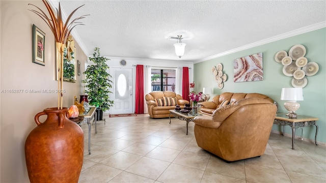 living room with light tile patterned flooring, crown molding, and a textured ceiling