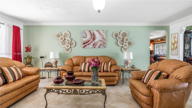 living room featuring crown molding, light tile patterned floors, and a textured ceiling