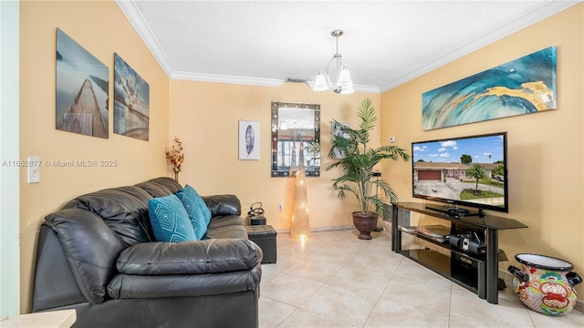 living room featuring crown molding, light tile patterned flooring, a textured ceiling, and a notable chandelier