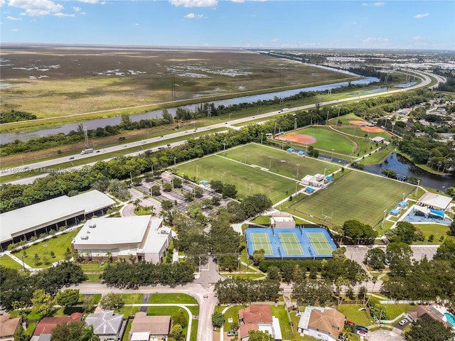 bird's eye view with a water view