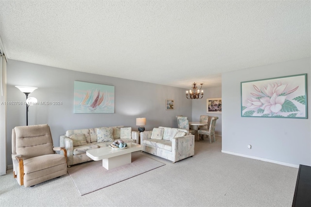 carpeted living room with a textured ceiling and a notable chandelier