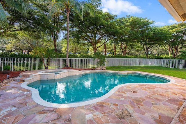 view of pool featuring a patio area, a fenced backyard, and a yard