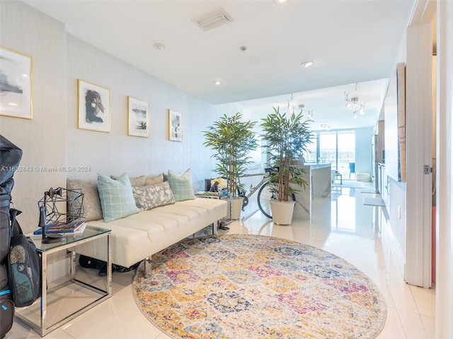 living room featuring light tile patterned flooring