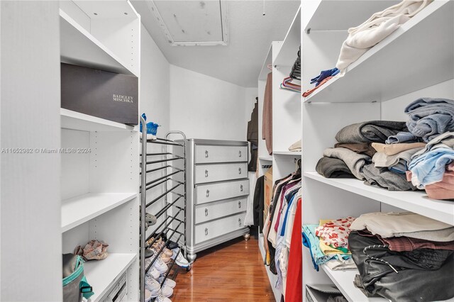 walk in closet featuring light hardwood / wood-style flooring