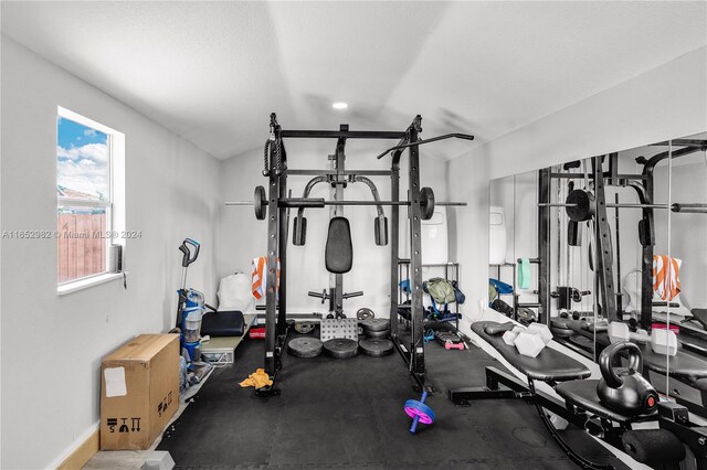 workout area featuring vaulted ceiling