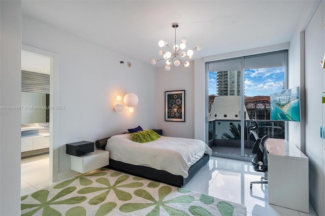 bedroom featuring light tile patterned floors, access to exterior, and a notable chandelier