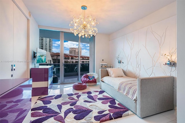 tiled bedroom featuring access to exterior, an inviting chandelier, and a wall of windows