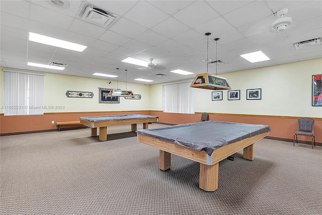 rec room with carpet, billiards, and a paneled ceiling