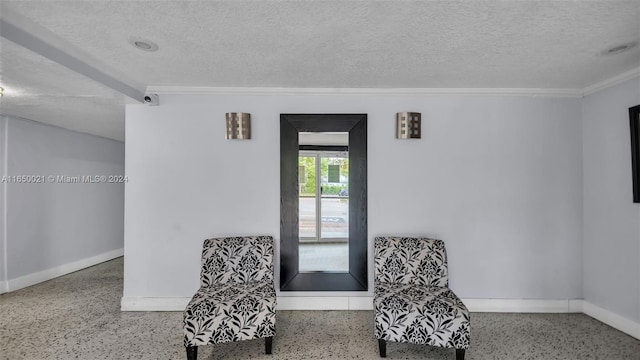 sitting room featuring crown molding, a textured ceiling, and speckled floor