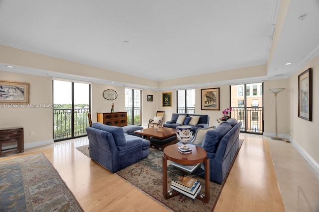 living room with light hardwood / wood-style floors and ornamental molding