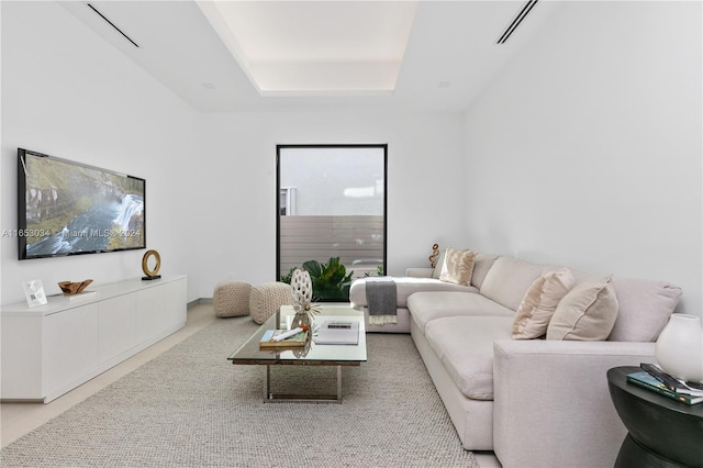 living room with a tray ceiling