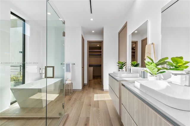 bathroom featuring walk in shower, wood-type flooring, and vanity