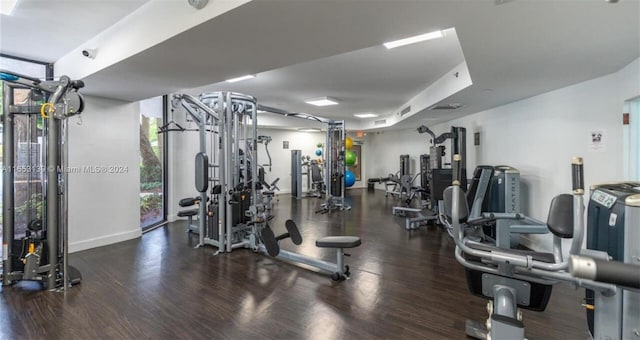 exercise room featuring dark wood-type flooring