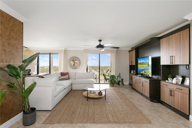 1500 S Ocean Dr Unit 15A, Hollywood, FL 33019 - living area with ornamental molding, light tile patterned flooring, and a ceiling fan