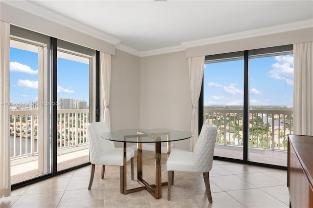 tiled dining area with ornamental molding