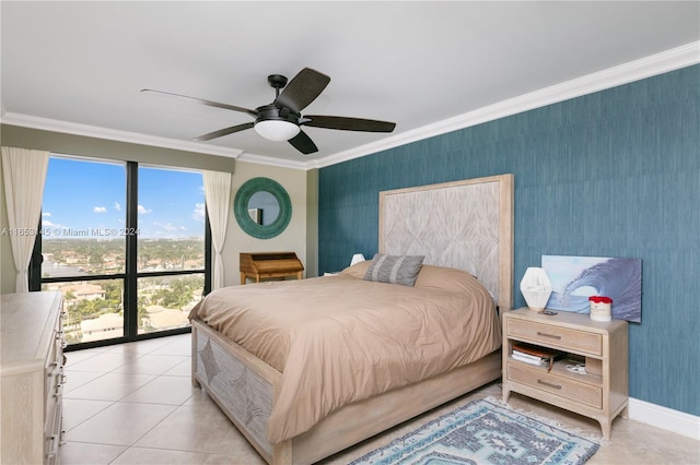 bedroom featuring ceiling fan, crown molding, and light tile patterned floors