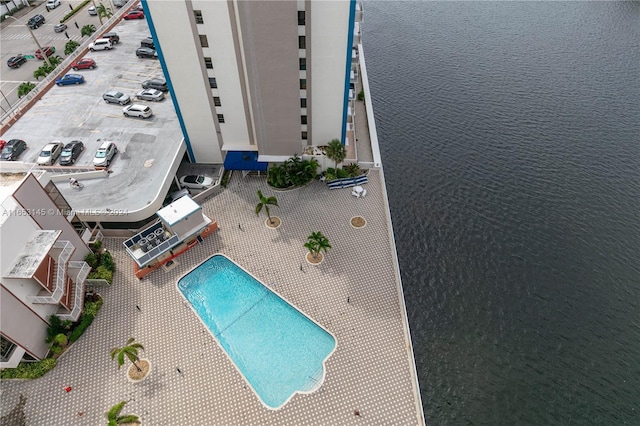 drone / aerial view featuring a water view