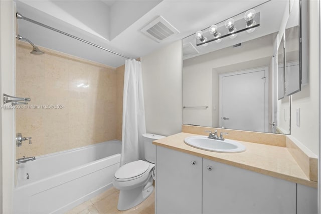 bathroom featuring shower / tub combo, visible vents, toilet, tile patterned flooring, and vanity