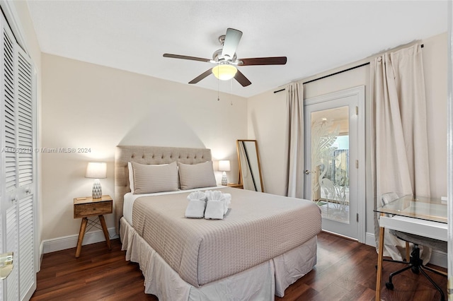 bedroom featuring dark wood-type flooring, ceiling fan, a closet, and access to outside