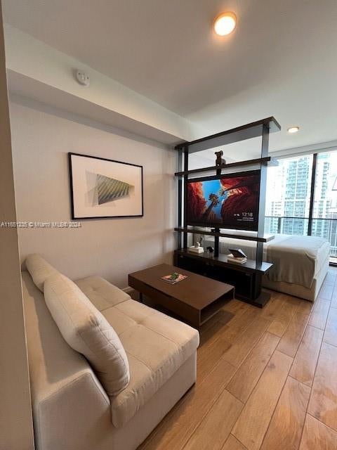 living room with floor to ceiling windows and light hardwood / wood-style floors