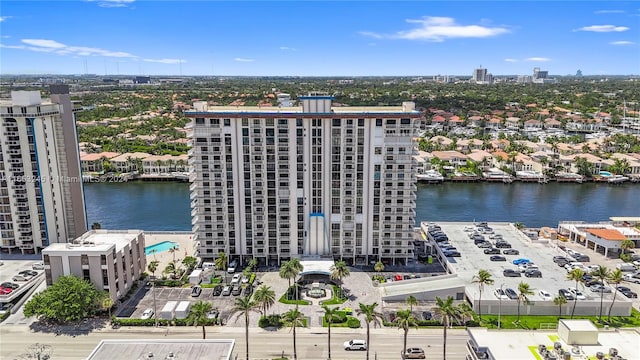 drone / aerial view with a water view