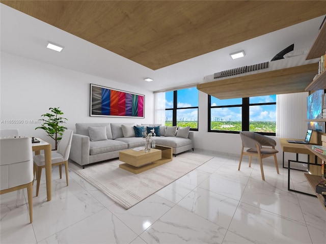 living room with wooden ceiling