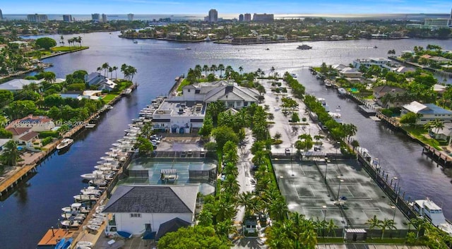 birds eye view of property featuring a water view