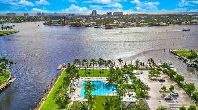 drone / aerial view featuring a water view