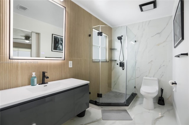 full bathroom featuring toilet, vanity, visible vents, marble finish floor, and a marble finish shower