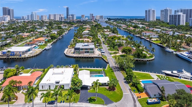 drone / aerial view with a water view