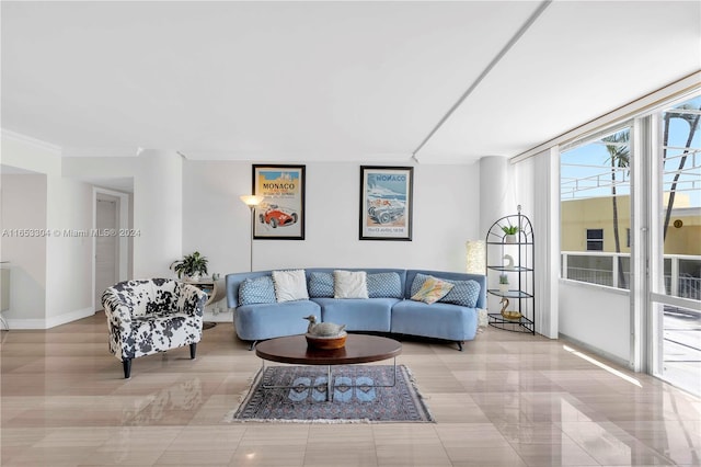 living room featuring ornamental molding