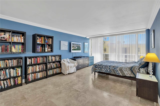 bedroom featuring ornamental molding and multiple windows