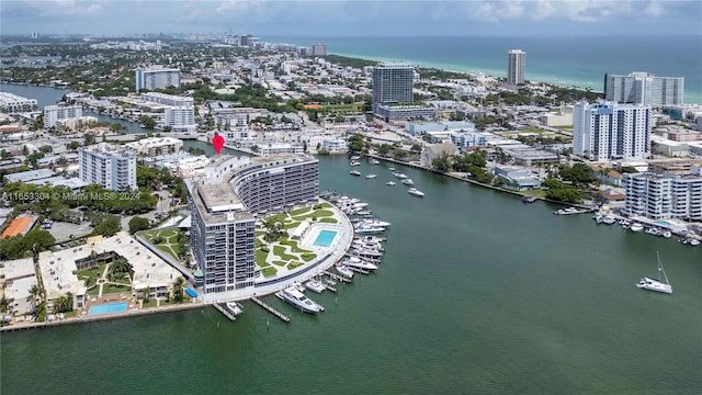 drone / aerial view featuring a water view