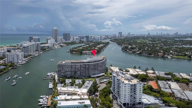 bird's eye view with a water view