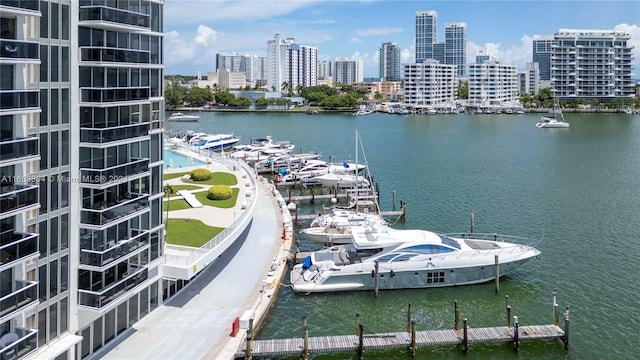 view of water feature with a boat dock