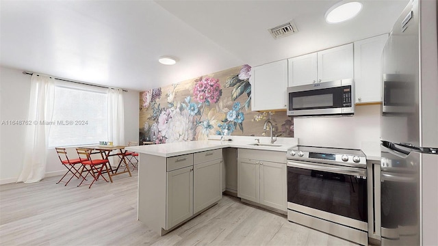 kitchen featuring appliances with stainless steel finishes, white cabinetry, sink, and light hardwood / wood-style floors