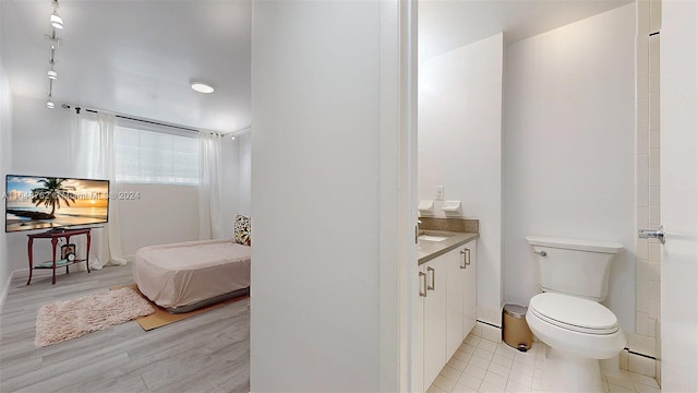 bathroom with vanity, toilet, and wood-type flooring