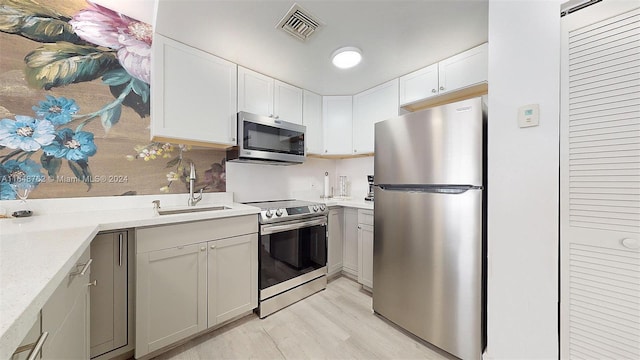 kitchen featuring sink, white cabinetry, stainless steel appliances, and light wood-type flooring