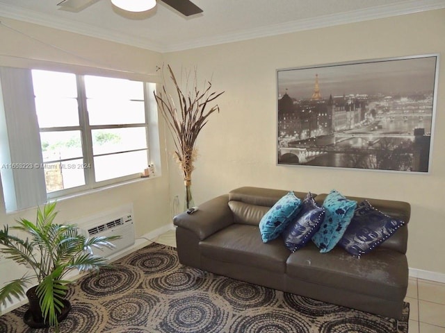 living room featuring tile patterned flooring, ceiling fan, ornamental molding, and a wall mounted air conditioner