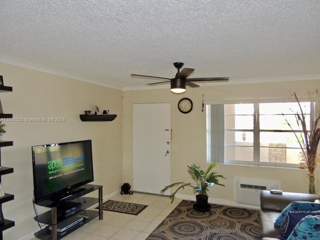 tiled living room with a textured ceiling, crown molding, ceiling fan, and a wall mounted air conditioner