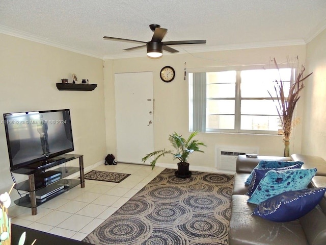 living room with ornamental molding, a textured ceiling, light tile patterned floors, and ceiling fan