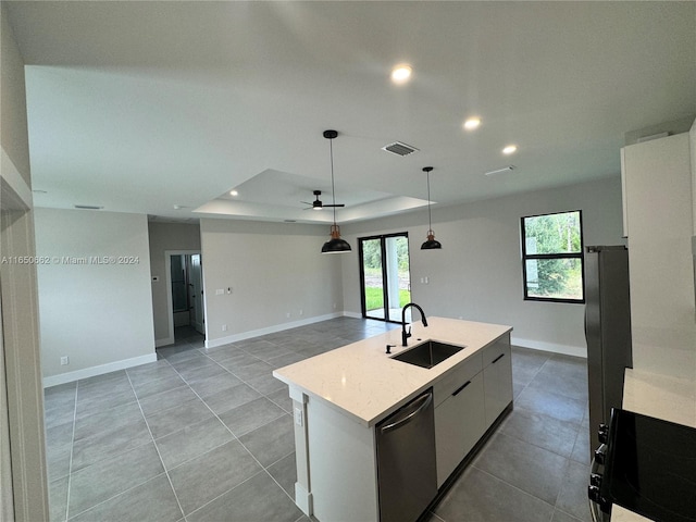 kitchen with a kitchen island with sink, sink, ceiling fan, a tray ceiling, and stainless steel dishwasher