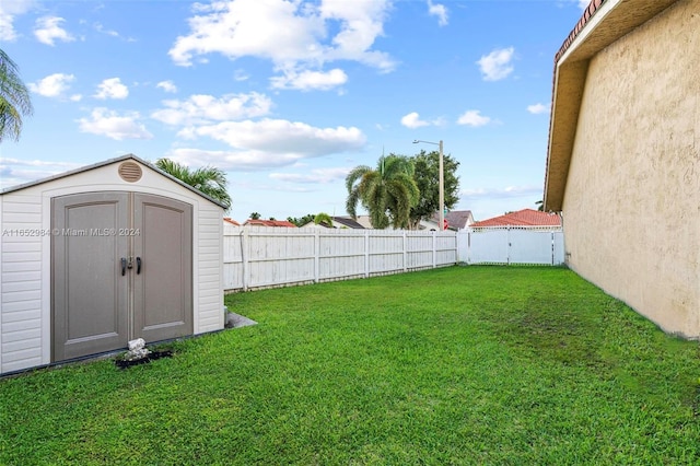 view of yard with a storage shed