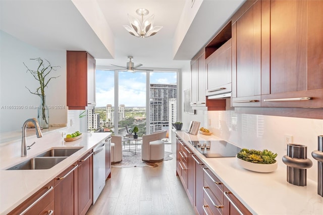 kitchen with light wood-type flooring, dishwasher, black electric stovetop, sink, and ceiling fan with notable chandelier