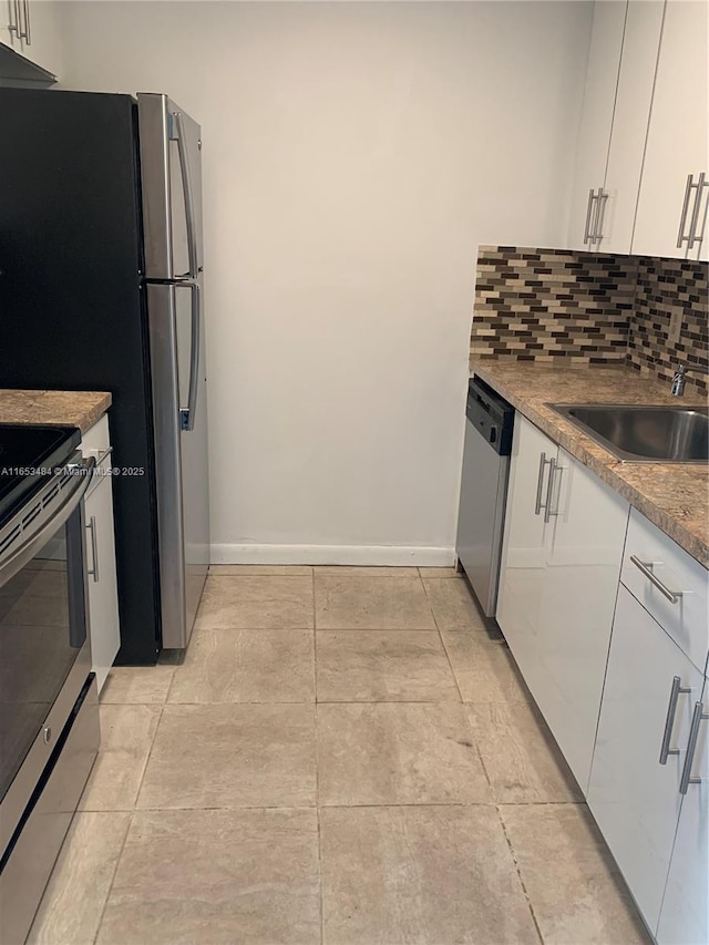 kitchen featuring sink, decorative backsplash, stainless steel appliances, and white cabinets